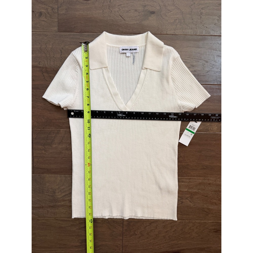 NWT DKNY Jeans Polo Sweater Womens‎ L Ivory Ribbed Knit Short Sleeve V-Neck - Picture 4 of 5